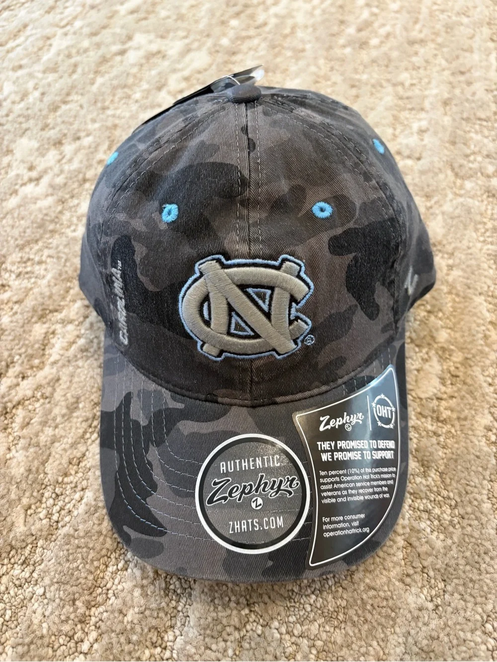 North Carolina Tar Heels Zephyr Black Camo Hat with Light Blue Accents